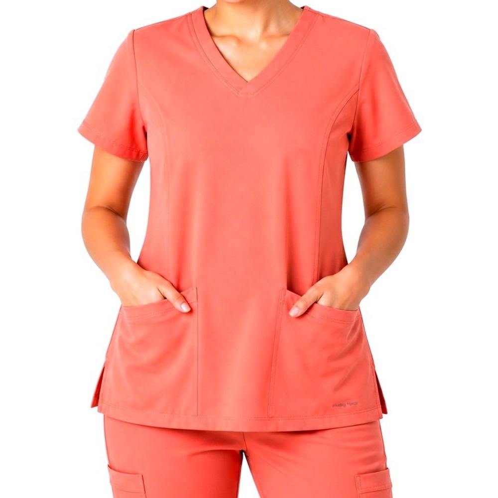 Healing Hands Monica Scrub Top Womens Small Coral HH Works V-Neck